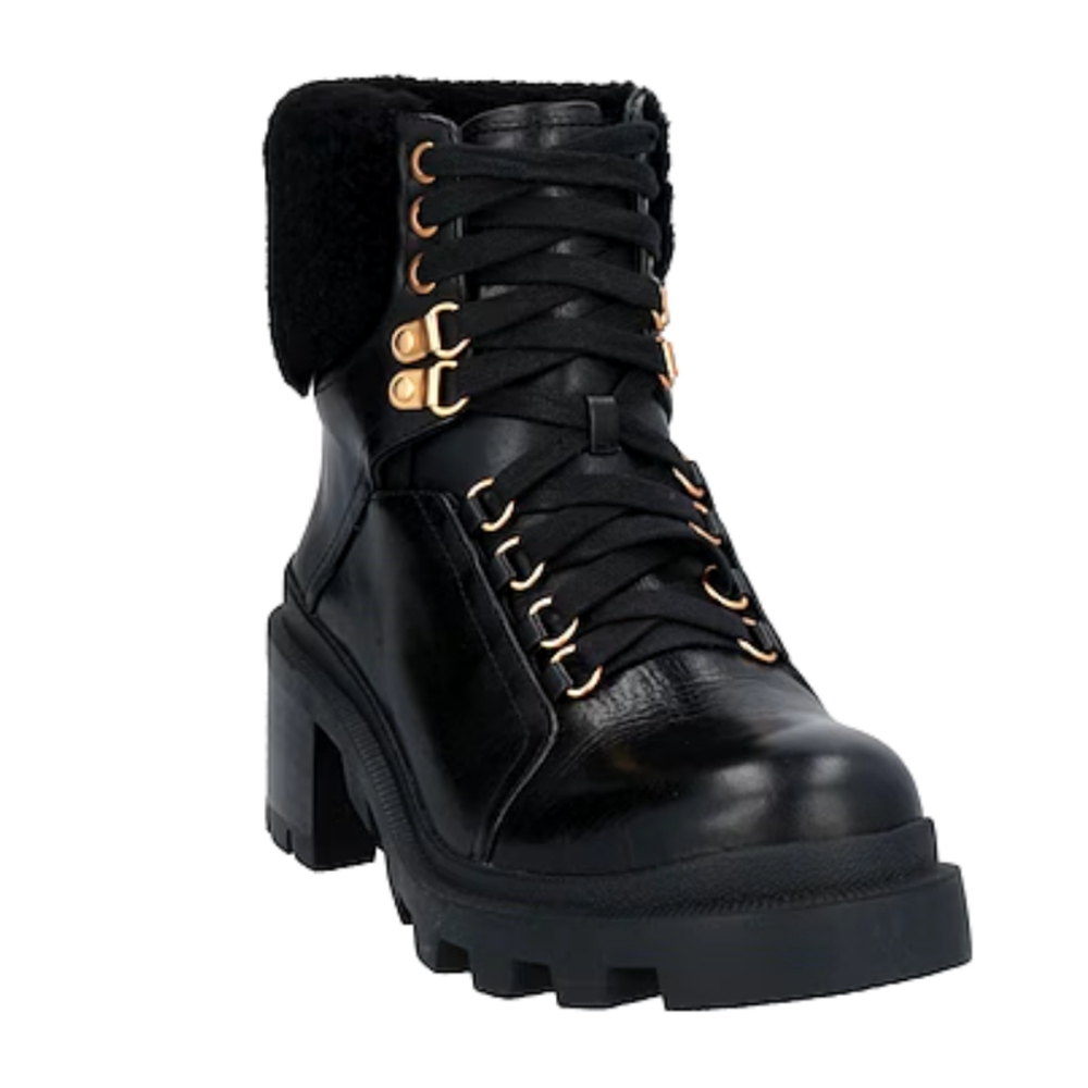 Alice + Olivia Hettie Sherpa Leather Moto Combat Boots Size 10 | Black Lug Sole